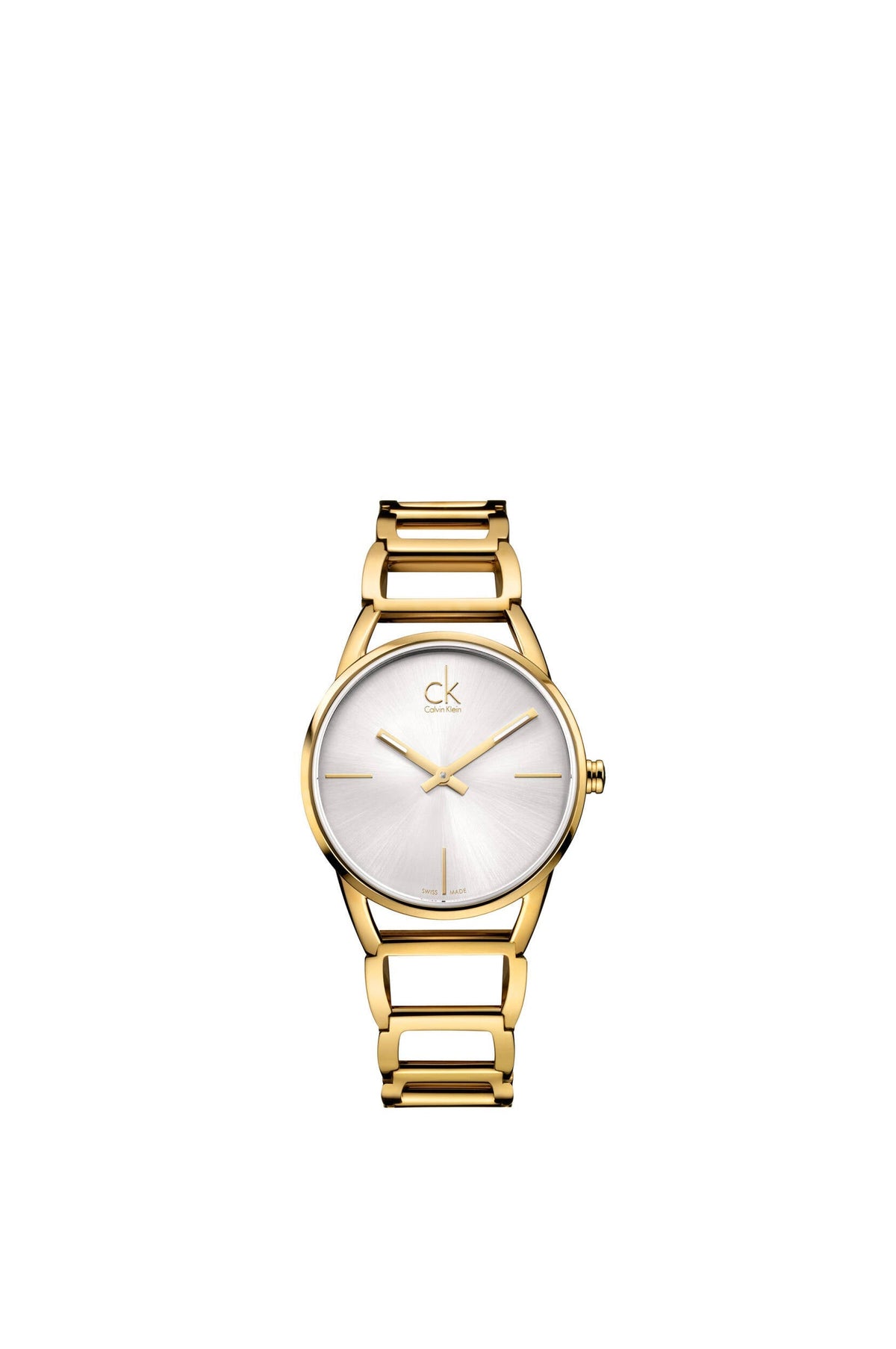 Calvin Klein Stately women's watch full view with silver dial and minimalist gold accents