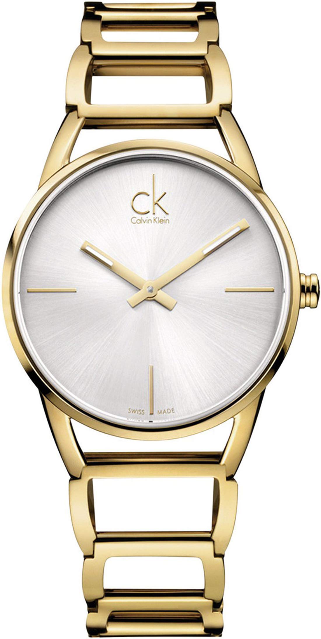 Calvin Klein Stately women's watch with silver dial and gold steel strap, front view