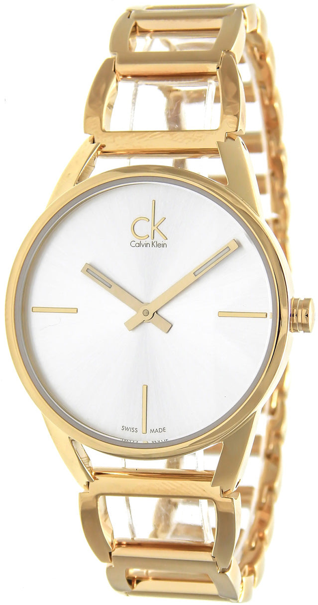 Calvin Klein Stately women's watch side profile showing openwork gold steel strap