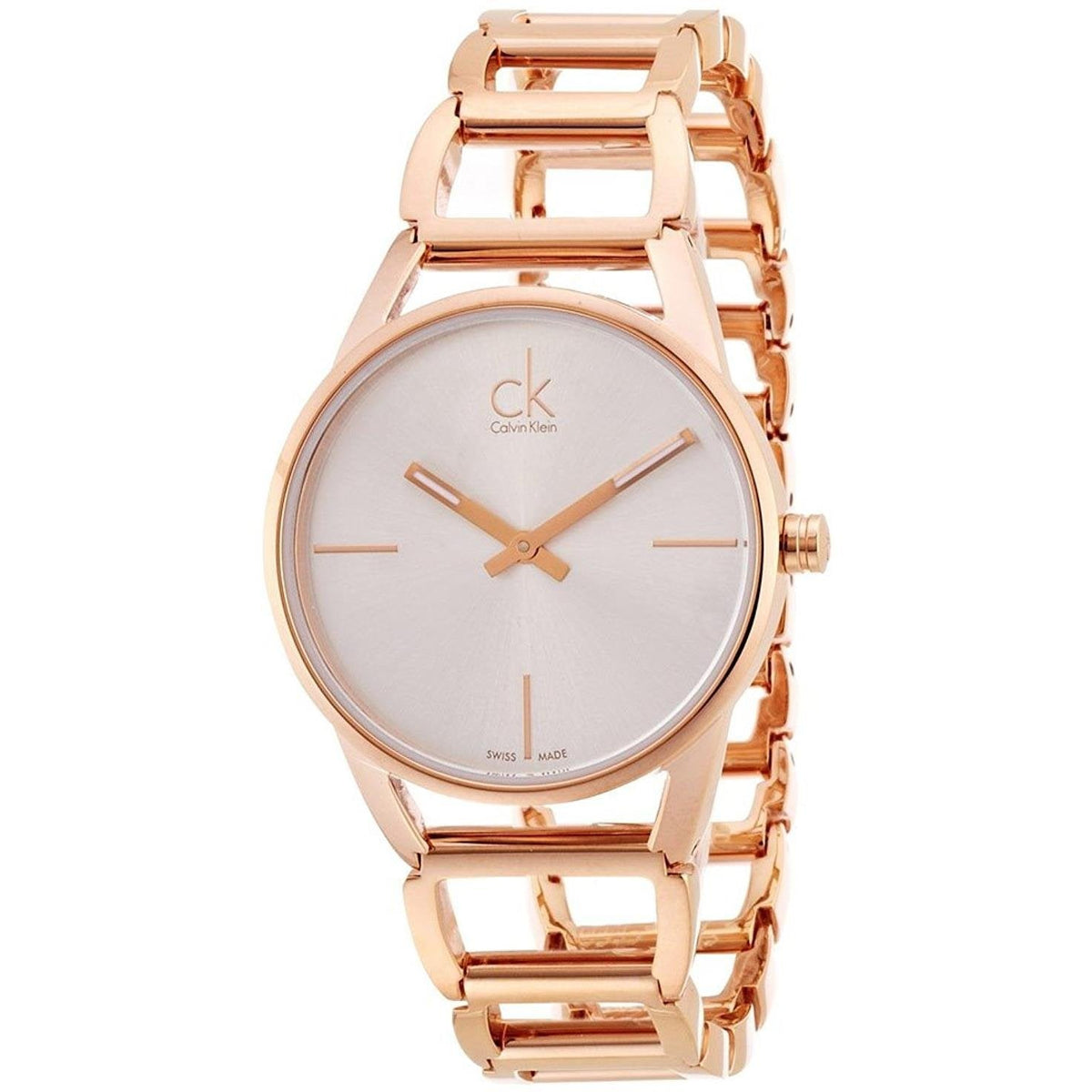 Calvin Klein Stately watch angled view highlighting rose gold case and bracelet links