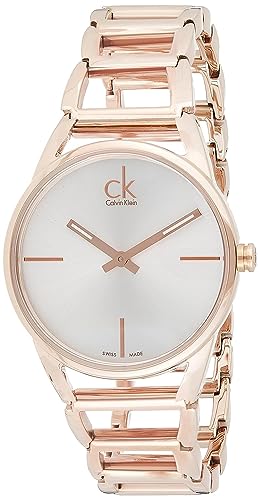 Calvin Klein Stately ladies watch side angle showing rose gold bracelet and dial