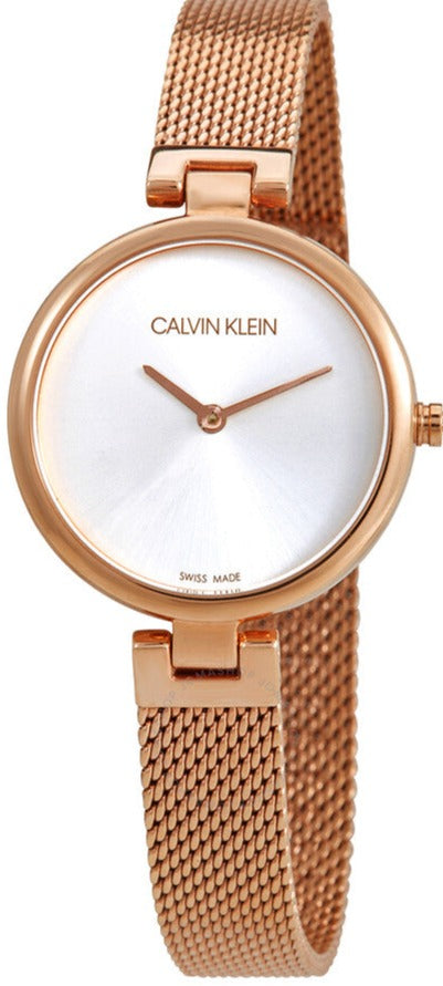 Calvin Klein Statement quartz ladies watch with silver dial and rose gold mesh bracelet