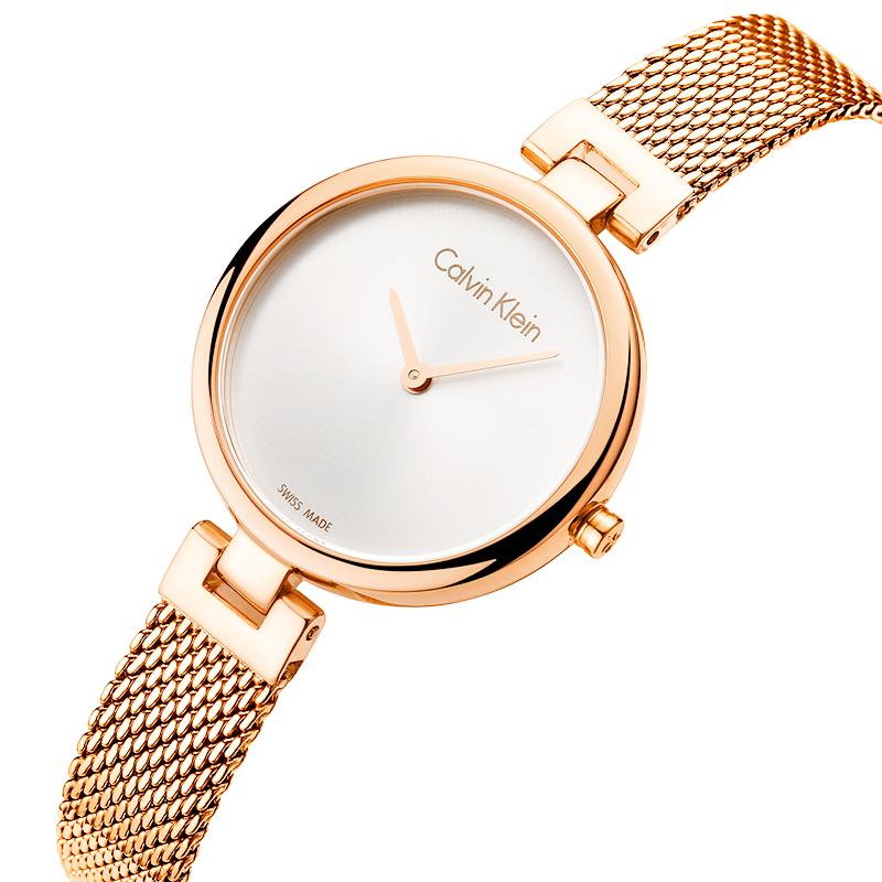 Calvin Klein Statement K8G23626 ladies watch on wrist showing rose gold mesh bracelet and silver dial