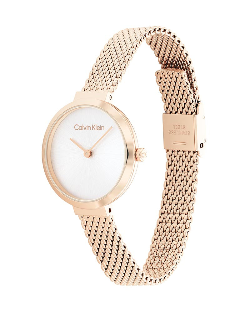 Calvin Klein Statement K8G23626 ladies watch side profile showing mesh bracelet and rose gold case