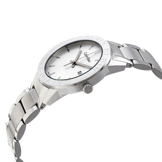 CALVIN KLEIN Steady watch angled view showing stainless steel case and bracelet with white dial