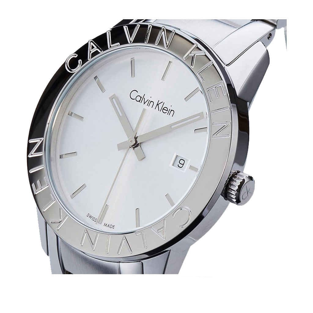 Close-up of CALVIN KLEIN Steady watch dial with Roman numeral bezel and white face