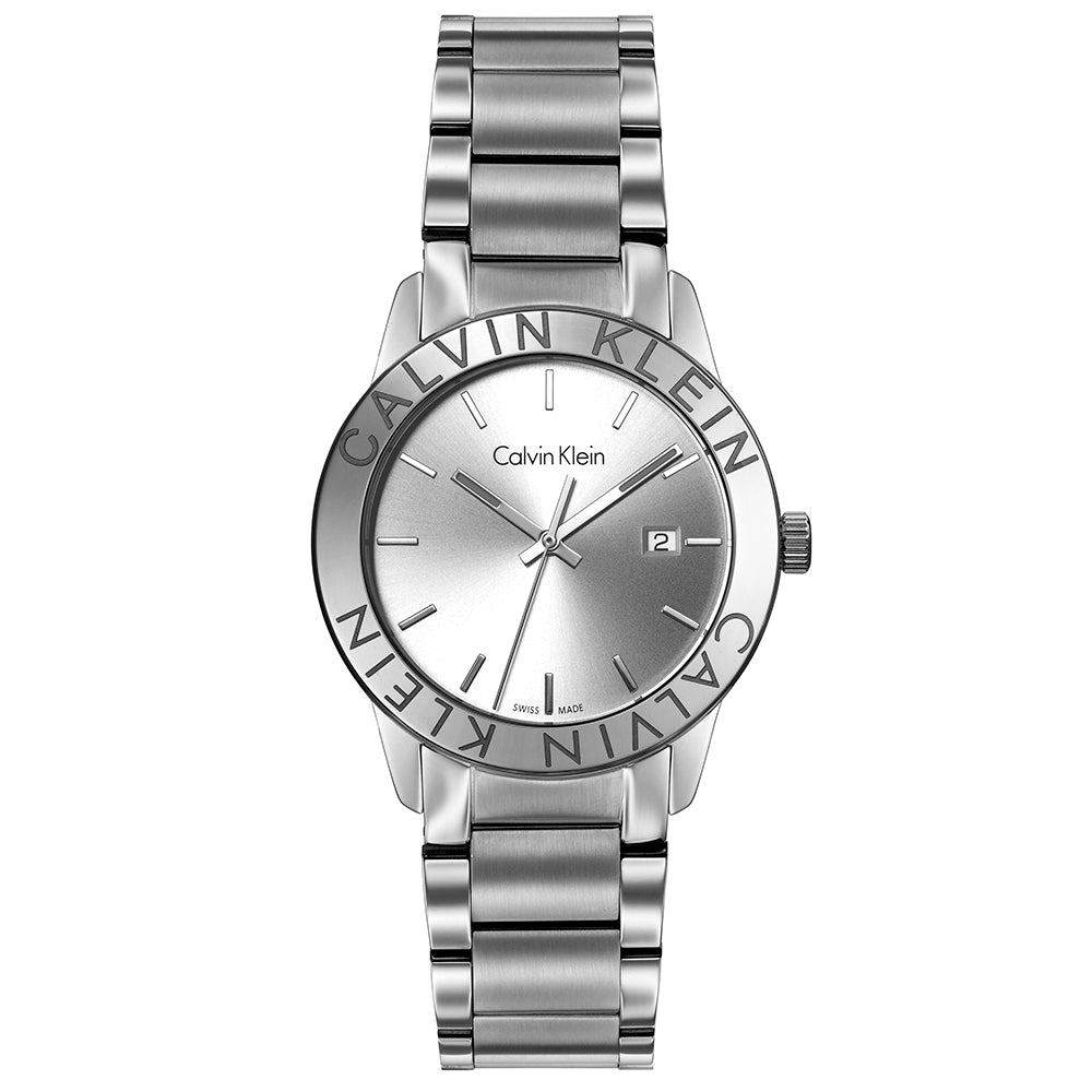 CALVIN KLEIN Steady watch front view showing white dial with date window and stainless steel bracelet
