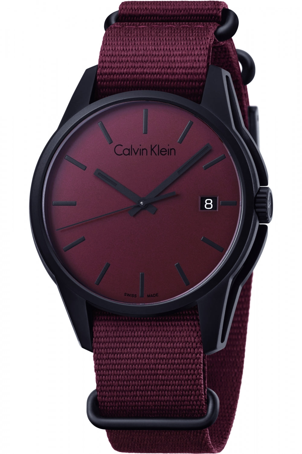 Calvin Klein Tone Collection K7K514UP watch with burgundy dial, black case, and maroon NATO strap