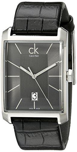 Three-quarter view of Calvin Klein Window watch with stainless steel case and crocodile-embossed leather strap
