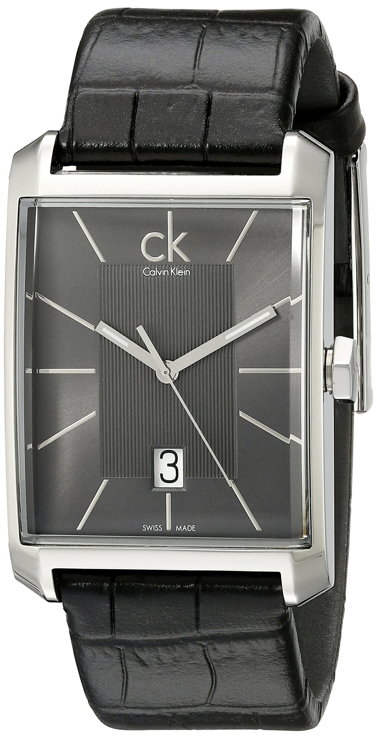 Side angle view of Calvin Klein Window rectangular watch K2M21107 with black strap