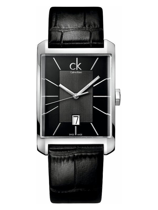 Front view of Calvin Klein Window watch with rectangular case and black leather strap