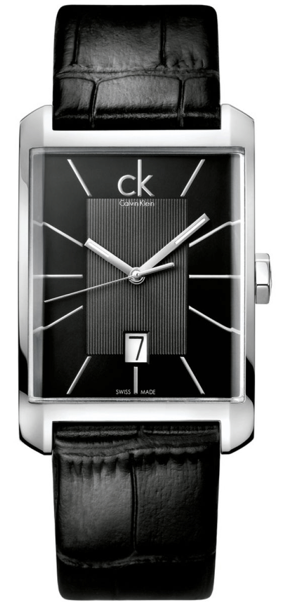 Calvin Klein Window black dial watch with rectangular stainless steel case and black leather strap