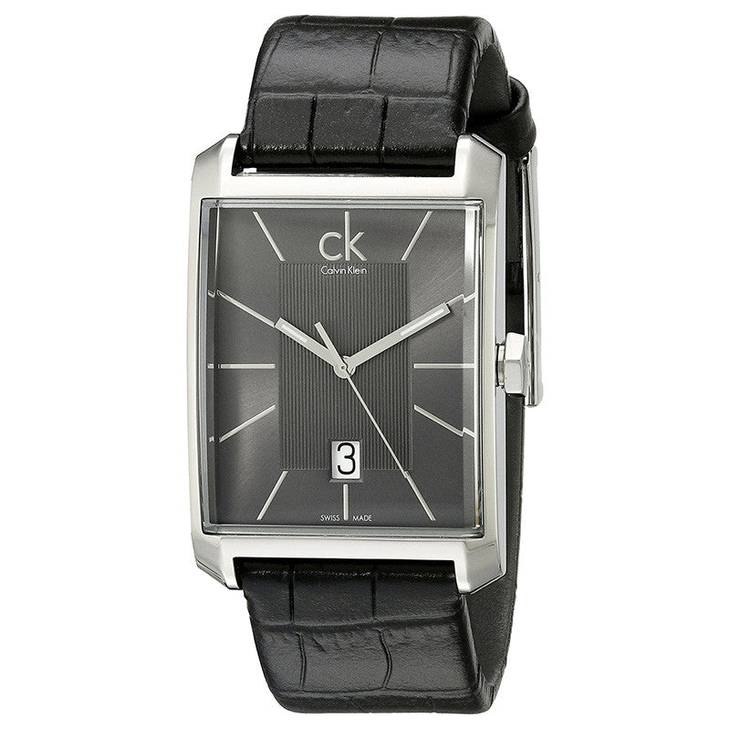 Calvin Klein Window watch worn on wrist, showing rectangular dial and black leather strap