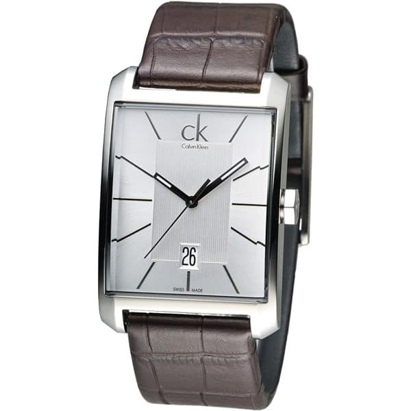 Calvin Klein Window K2M21126 watch angled view showing rectangular stainless steel case and brown leather strap