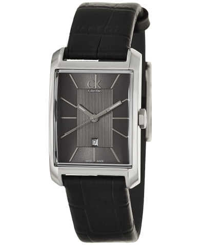 Calvin Klein Window K2M23107 angled view displaying chrome case and black leather band
