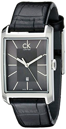 Calvin Klein Window K2M23107 side view of ladies watch with silver case and black leather band