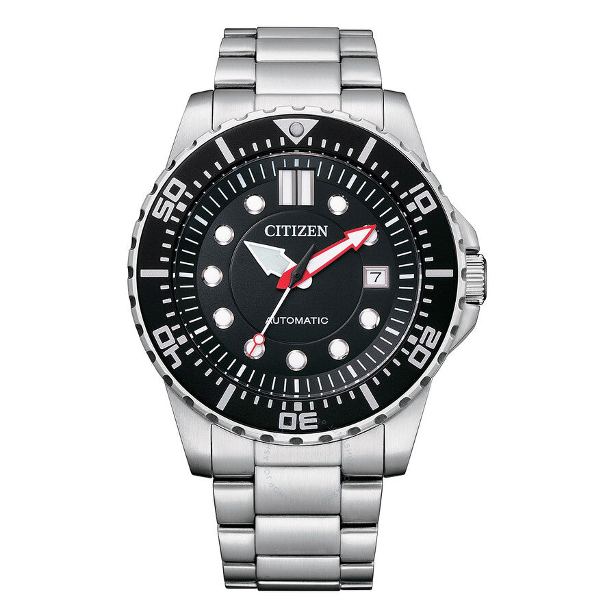Citizen automatic watch with black dial, stainless steel case and bracelet, luminous hands and date window
