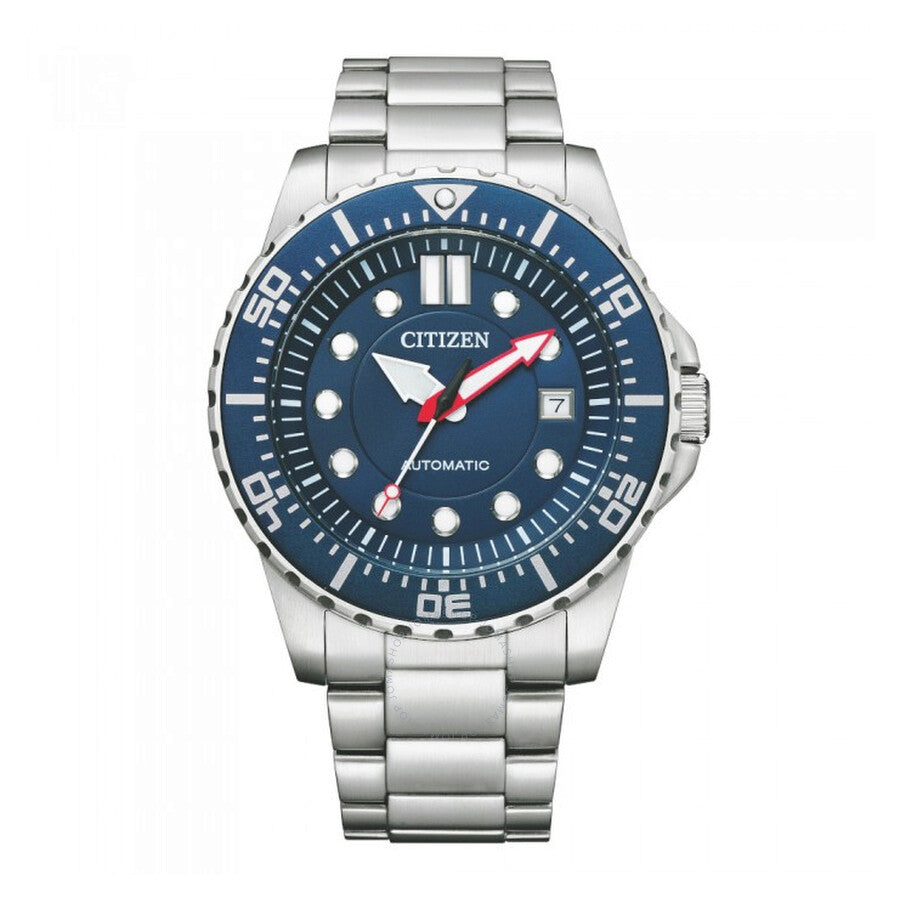 Citizen automatic watch with blue dial, date window, stainless steel case and bracelet