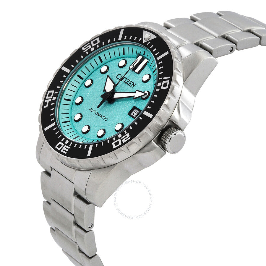 Citizen automatic watch at angle showing aqua dial, black bezel, and metal bracelet