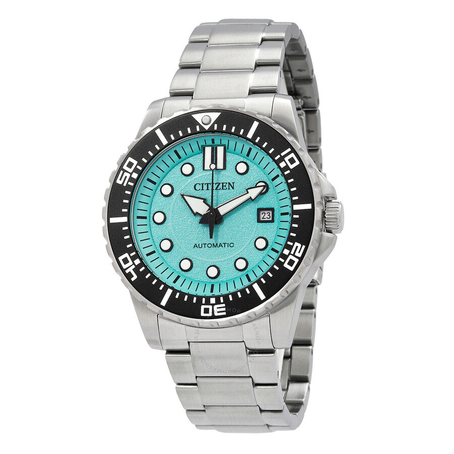 Citizen automatic men's watch with aqua blue dial and stainless steel bracelet