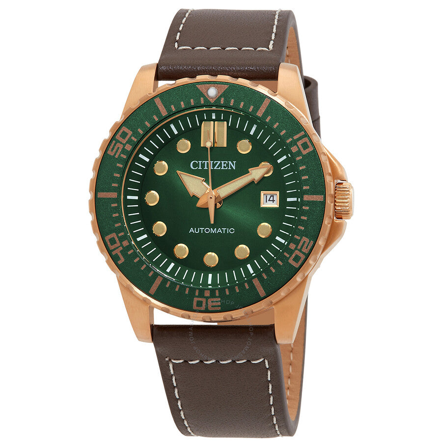 Citizen automatic men's watch with green dial, rose gold case, and brown leather strap
