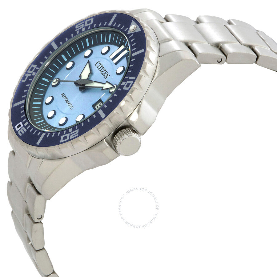 Side angle view of Citizen automatic watch with light blue dial and stainless steel bracelet