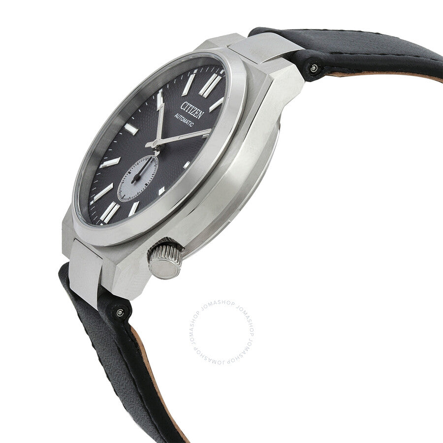 Side angle view of Citizen NK5010-01H automatic watch showing stainless steel case and black leather strap