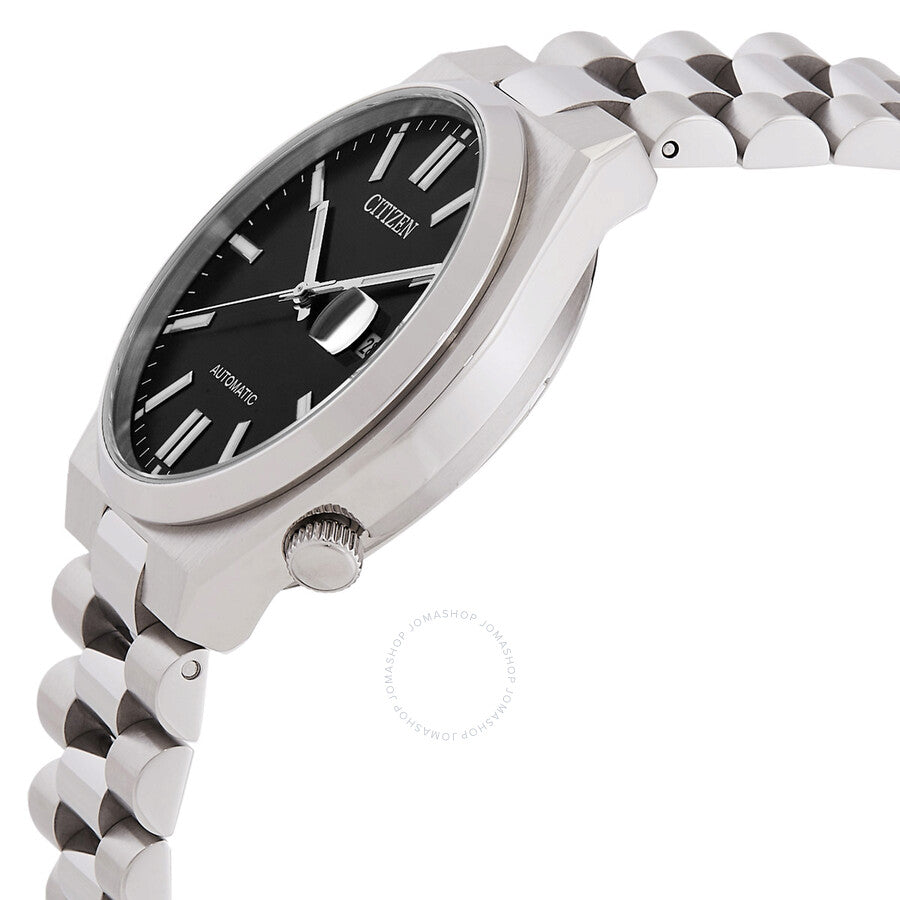 Side angle view of Citizen Tsuyosa automatic watch showing black dial and stainless steel bracelet