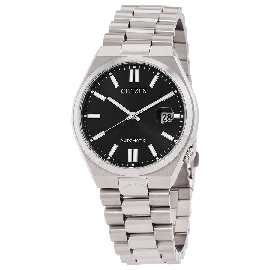 Citizen Tsuyosa automatic men's watch with black dial, white markers, date window, and stainless steel bracelet