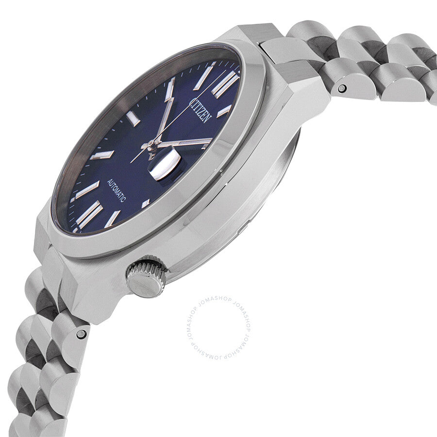 Citizen Tsuyosa side view showing stainless steel case and bracelet with crown detail