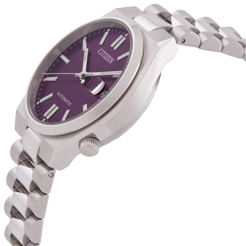 Angled view of Citizen Tsuyosa purple dial watch with stainless steel bracelet and visible crown