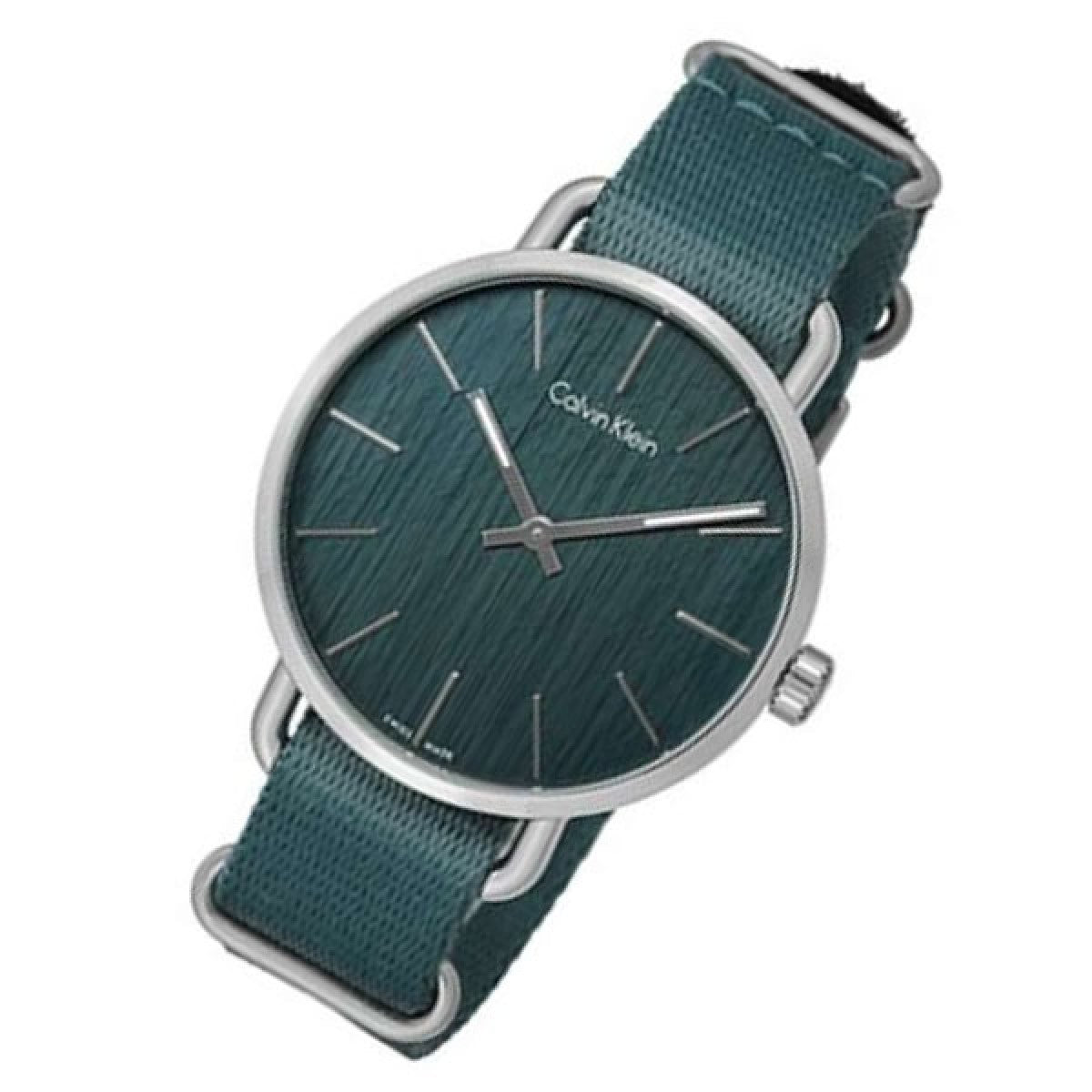 Calvin Klein K7B211WL men's watch angled view with textured blue dial