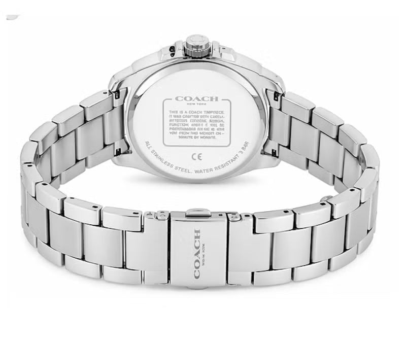 COACH women's watch caseback and stainless steel link bracelet with deployant clasp