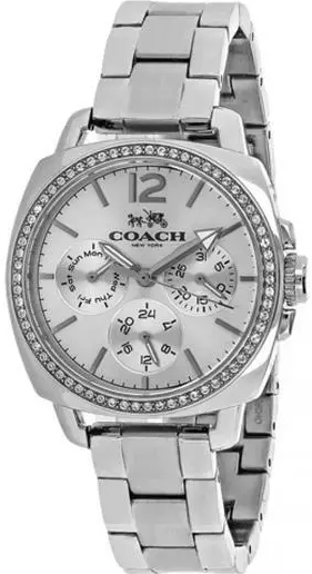 COACH silver stainless steel women's watch with diamond-set bezel and multi-dial chronograph face