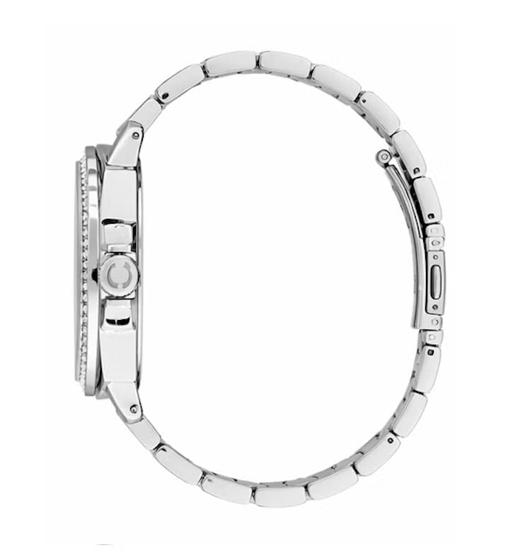COACH women's watch side profile showing stainless steel link bracelet and case profile