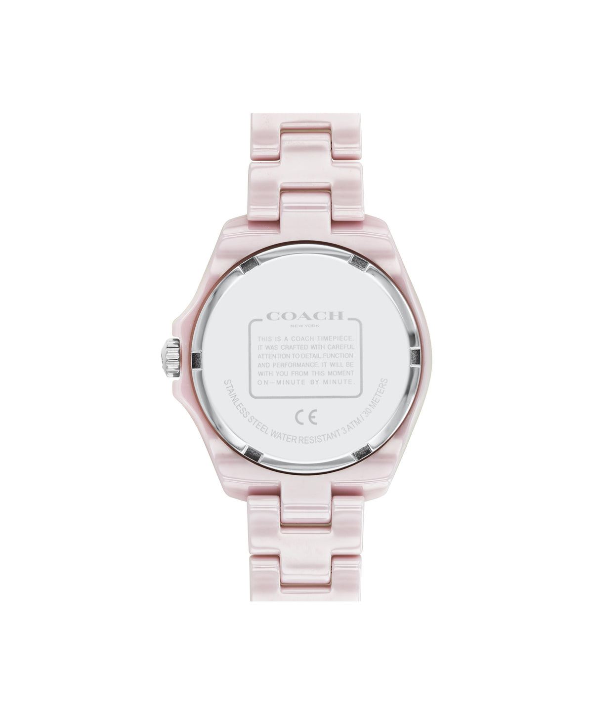 Coach women's watch caseback showing stainless steel back with engraved branding