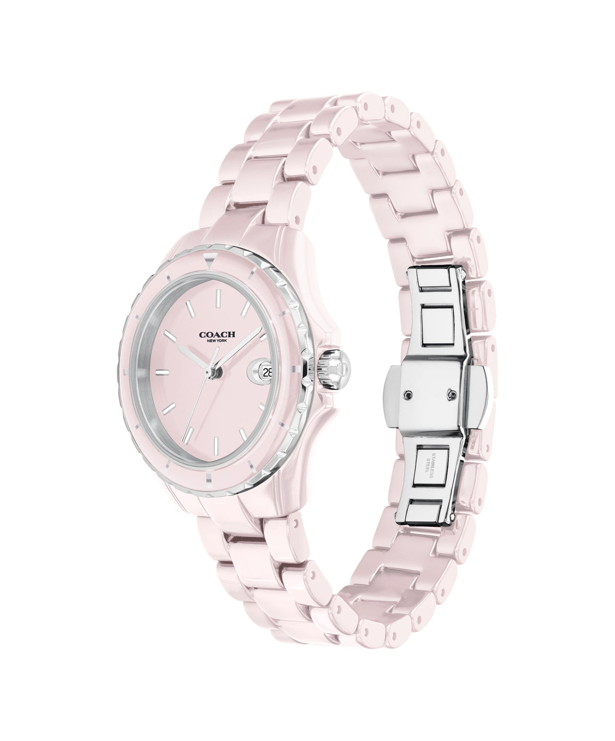 Coach pink stainless steel women's watch shown from side profile view