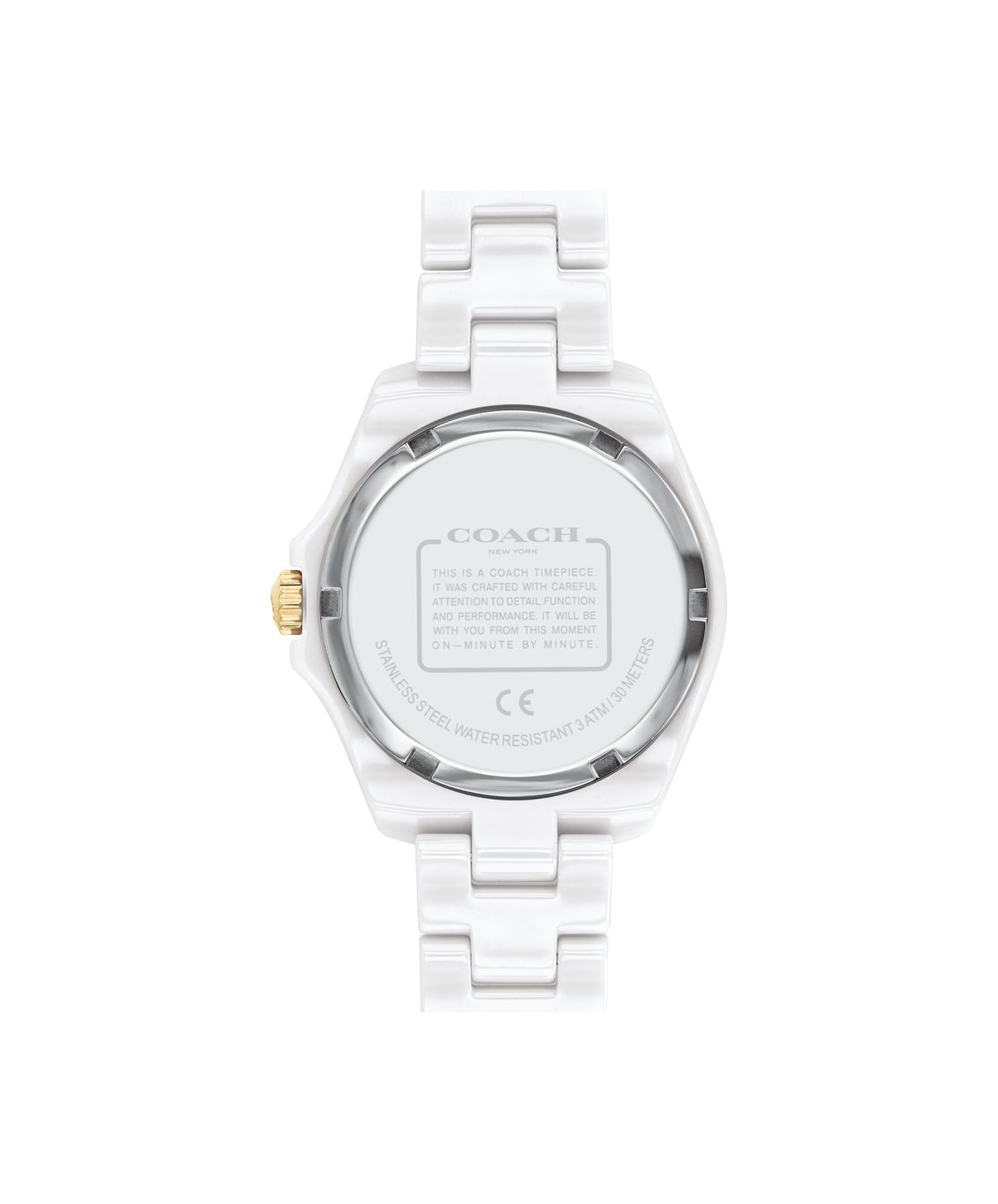 Coach women's watch caseback showing white ceramic back and specifications