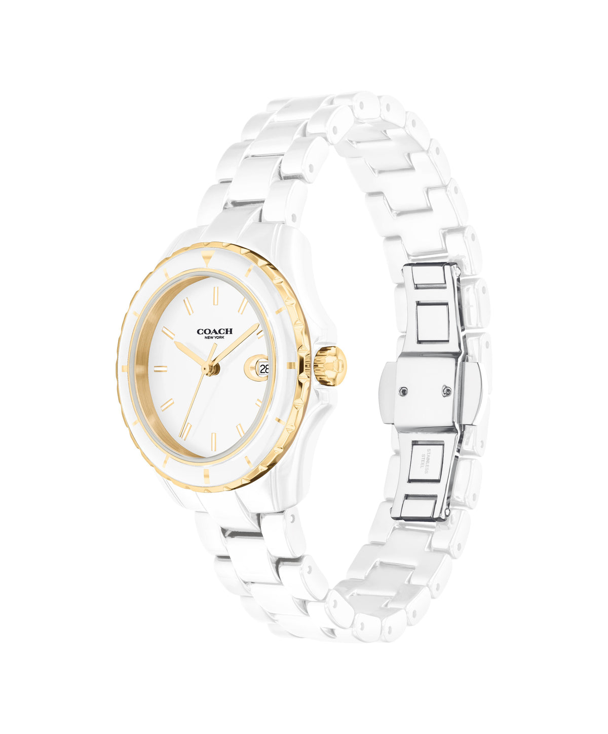 Coach white ceramic women's watch side view showing ceramic strap and profile