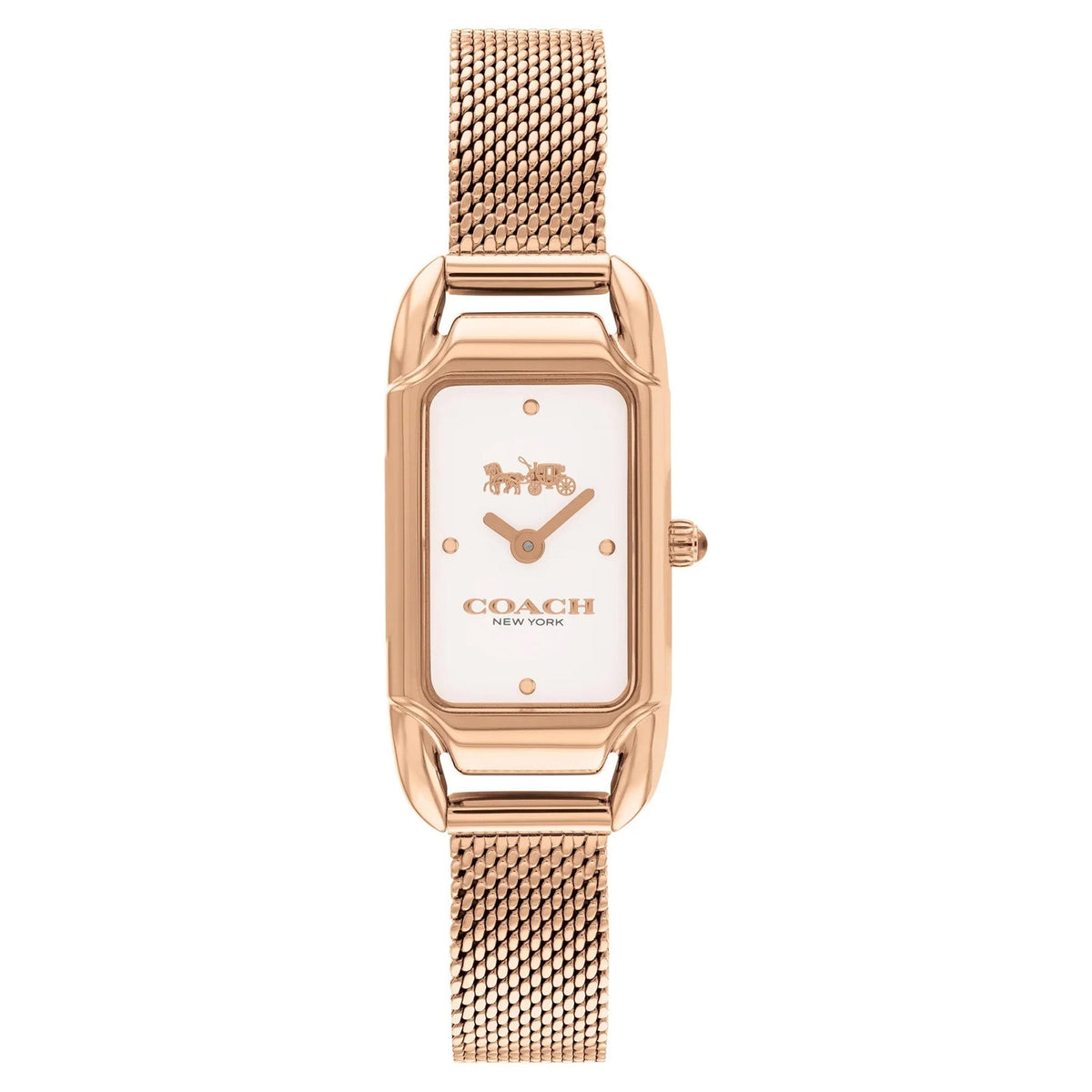 Coach rose gold steel mesh watch with silver white rectangular dial and Coach logo