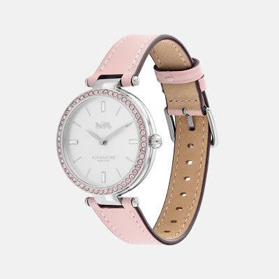 Coach watch side profile displaying pink and tan leather band