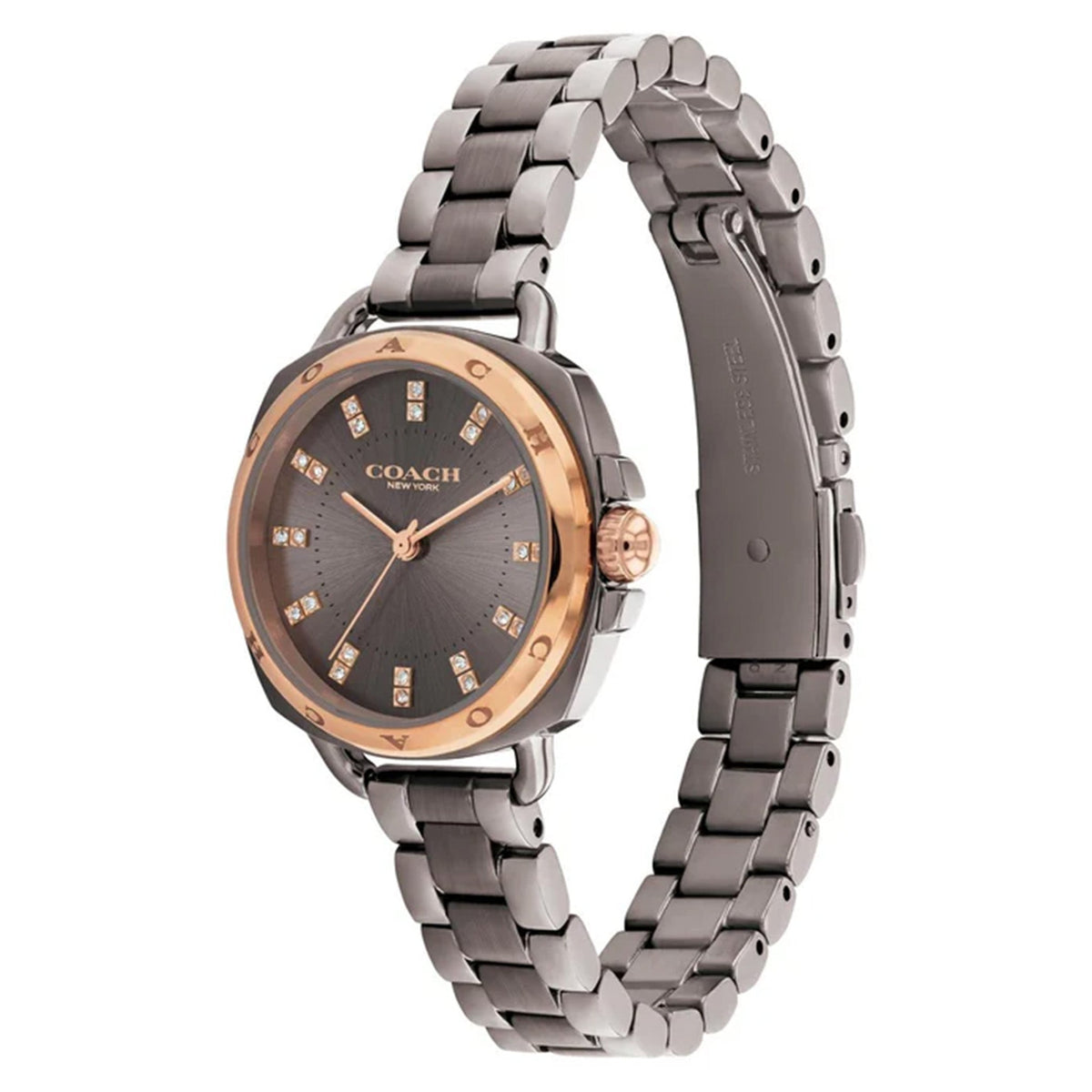 Coach women's watch angled view showing grey steel bracelet and rose gold crown