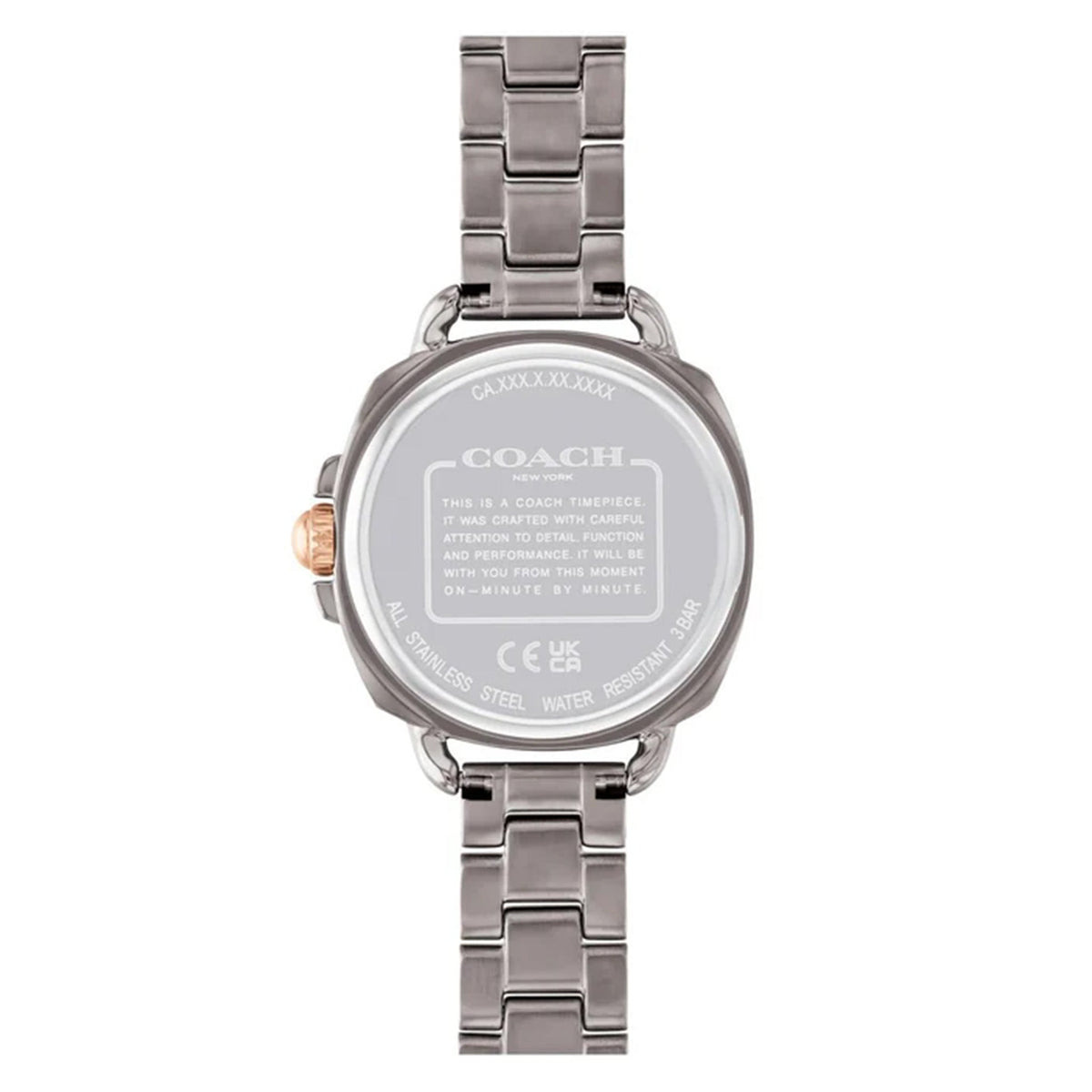 Coach watch caseback showing stainless steel construction and specifications