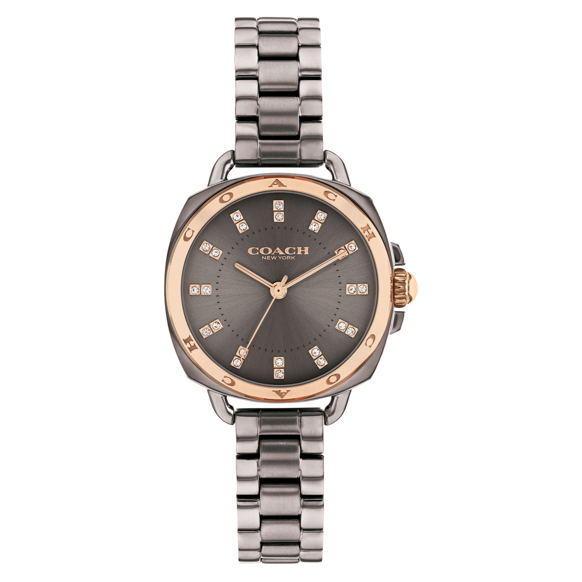 Coach grey steel women's watch with rose gold bezel and diamond markers on dial