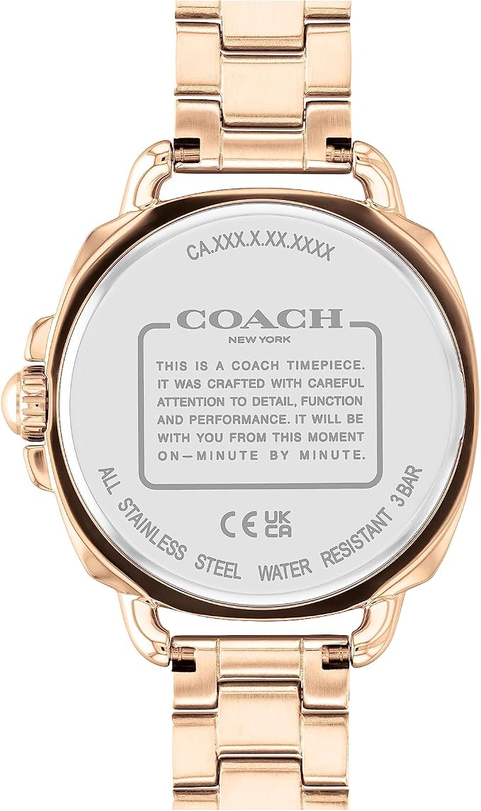 Coach watch case back showing stainless steel engraving and water resistance marking