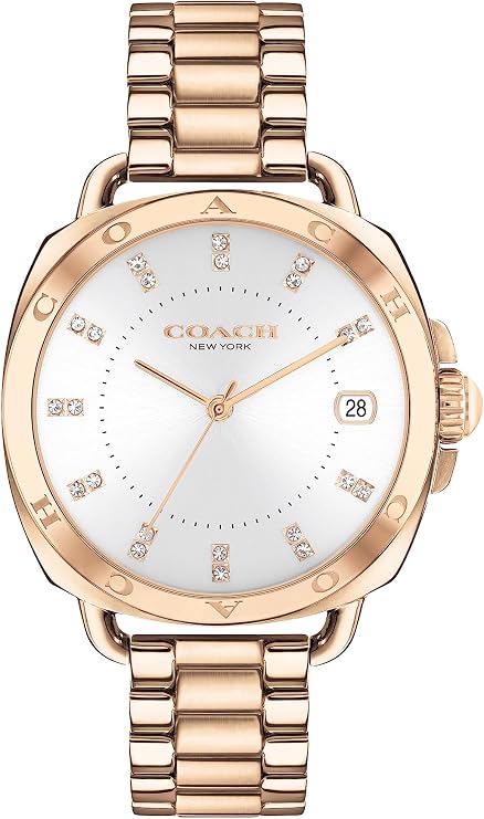 Coach rose gold women's watch with white dial, diamond markers, and date window