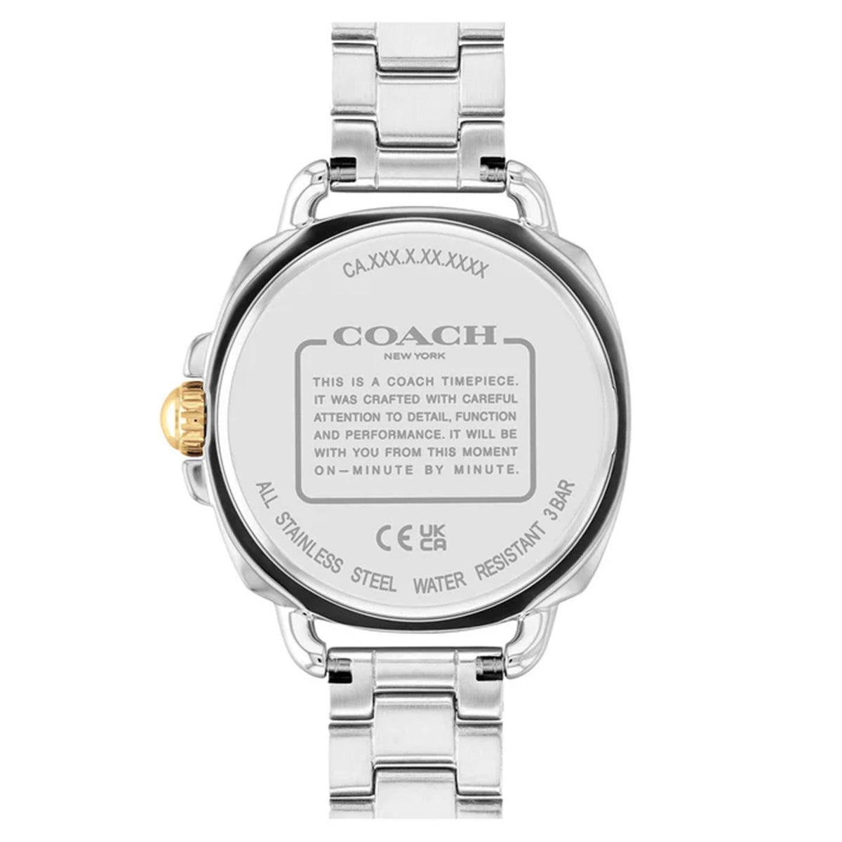 Coach watch caseback showing stainless steel water resistant case with engraved text