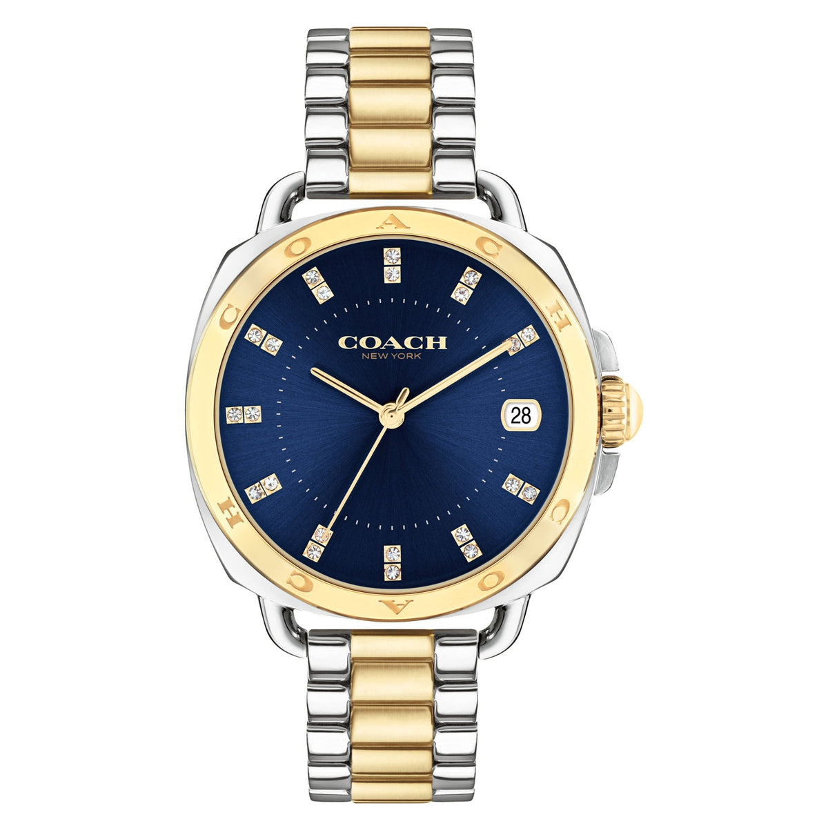 Coach two-tone stainless steel women's watch with blue dial and diamond hour markers