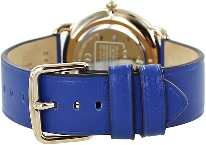 COACH watch showing blue leather strap with rose gold buckle and case back detail