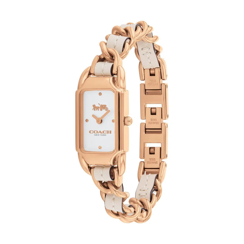 Coach rectangular rose gold watch showing full bracelet and side profile